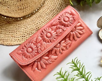 Handmade Sunflower Leather Wallet: Pink Bifold, Custom Engraved