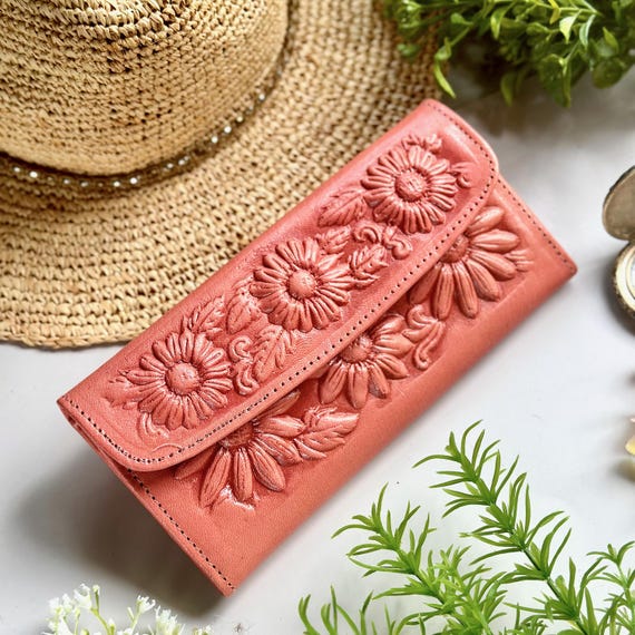 Handmade Sunflower Leather Wallet: Pink Bifold, Custom Engraved