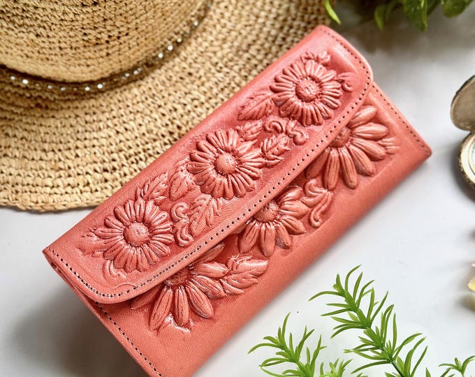 Sunflower Leather Wallet • Pink Bifold Women’s Wallet • Cottagecore / Coquette Gift for Her • Handmade Leather • Custom Engraved Wallet