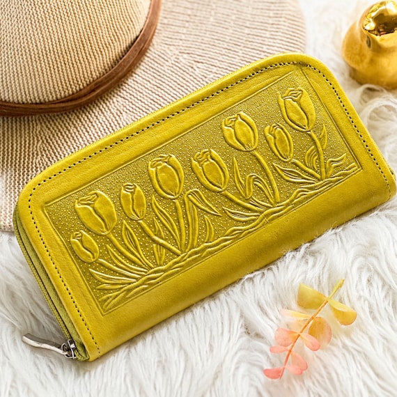 Chartreuse Tulip Embossed Leather Zip-Around Wallet, Personalized Engraving