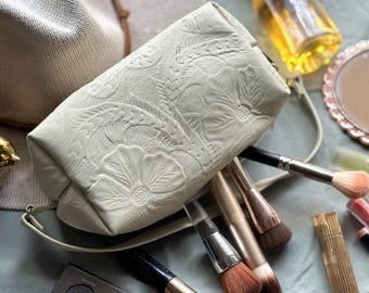 Floral Leather Makeup Bag: Handmade Personalized Cosmetic Bag