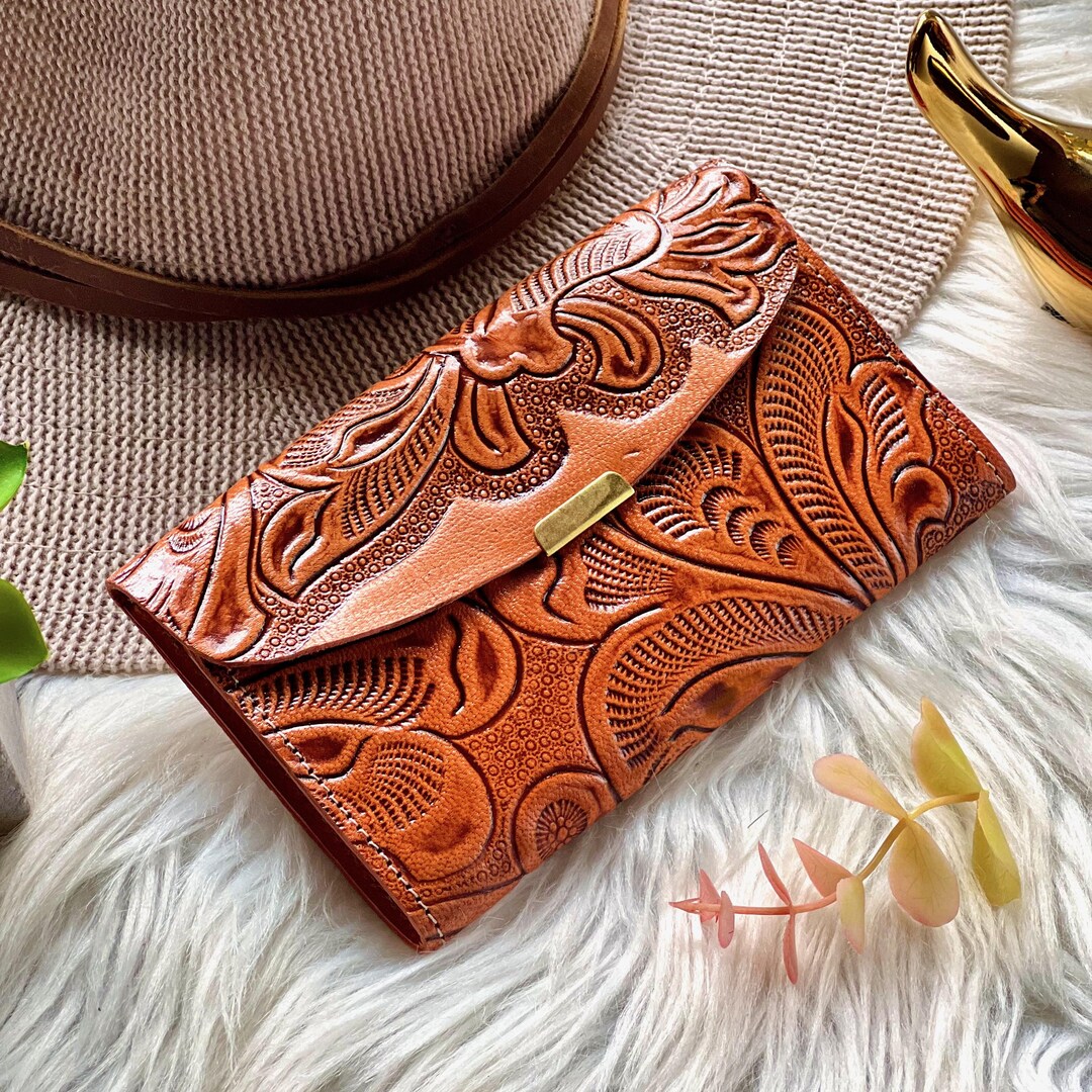 Embossed Floral Leather Wallet: Compact Boho Travel Purse - Etsy