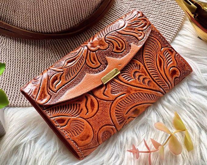 Compact Embossed Floral Leather Wallet • Cute Slim Boho Wallet for Women • Personalized Travel Purse Gift