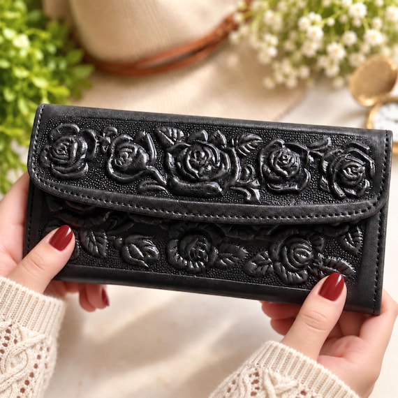 Gothic Black Rose Leather Wallet for Women, Embossed Floral Wallet, Dark Romantic Gift