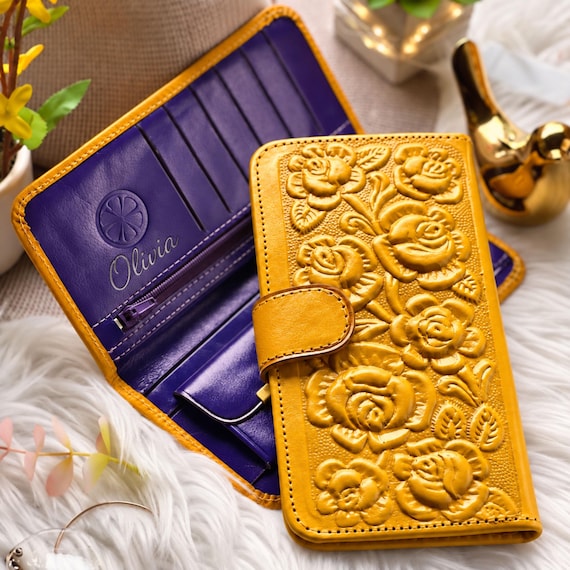 Personalized Leather Wallet for Women, Custom Handwriting Rose Bifold, Meaningful Gift for Wife