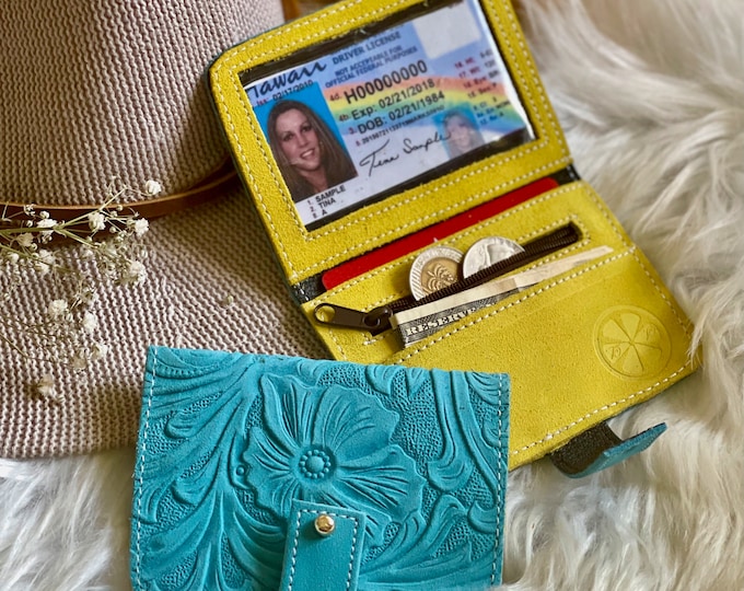 Women's Soft Leather Wallet with Embossed Flowers • Small Minimalist Design • Personalized Gift for Her