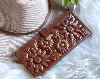 Sunflower Boho Wallet - Embossed Leather - Personalized Gifts for Her - Women's Slim Travel Wallet - Cute Small Wallets