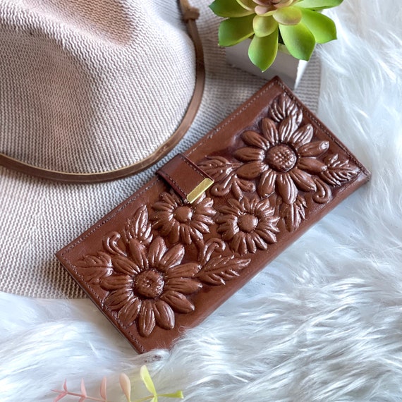 Sunflower Leather Wallet for Women: Embossed Boho Slim Travel Wallet