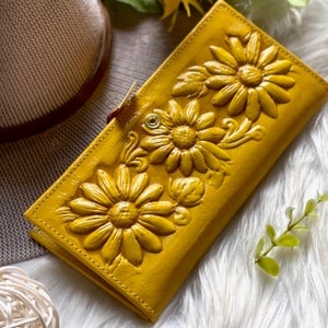 Sunflower Boho Wallet - Embossed Leather - Personalized Gifts for Her - Women's Slim Travel Wallet - Cute Small Wallets
