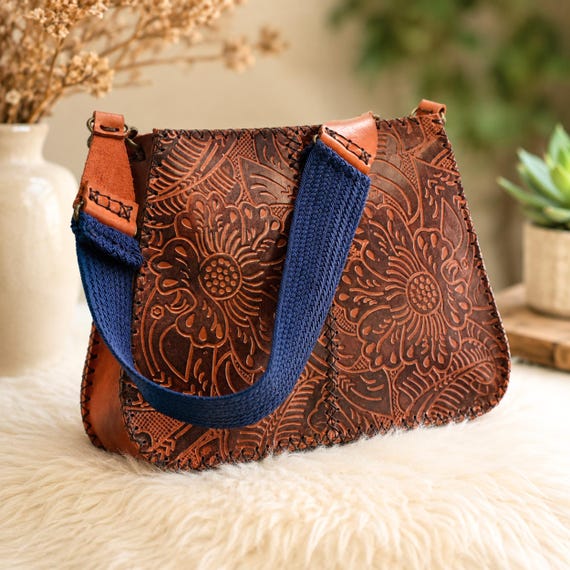 Western Leather Purse, Tooled Leather Handbag, Floral Embossed Shoulder Bag, Handmade Cowgirl Purse, Vintage Leather Bag