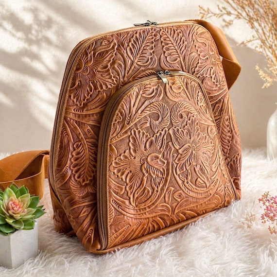 Handmade Leather Backpack Purse: Embossed Floral Travel Bag