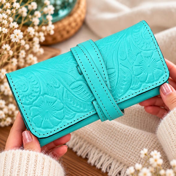 Leather Travel Tech Organizer, Floral Cable Case for Chargers & Cords, Handmade Electronics Organizer for Women