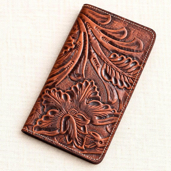 Western Checkbook Wallet for Women - Personalized Tooled Leather Checkbook Cover - Floral Cowgirl Wallet