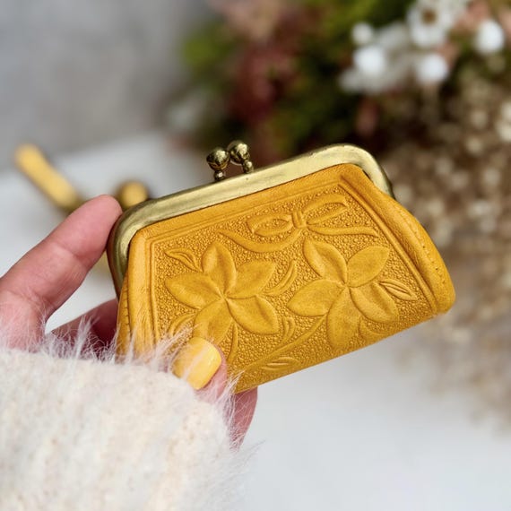 Leather Coin Purse - Handmade Kiss Lock Coin Wallet - Floral Coin Pouch - Choose Rose, Plumeria or Tulip Design - Gift for Her