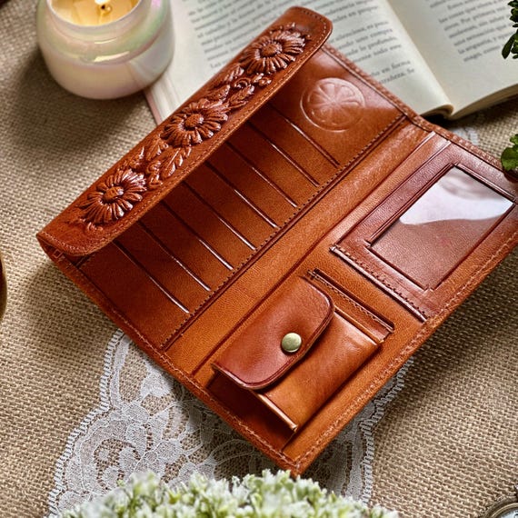 Tooled Leather Wallet for Women: Handmade Sunflower Trifold Boho Style
