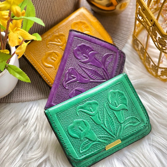 Flower Embossed Leather Wallet for Women: Slim Handmade Card Holder with ID Slot