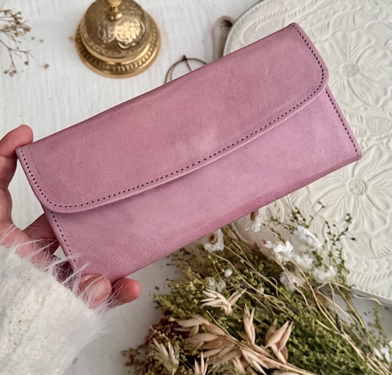 Pink Leather Wallet for Women, Personalized Slim Wallet, Minimalist Long Wallet, Engraved Gift for Her