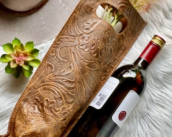 Leather Wine bottle holder  • Handmade Embossed Leather Wine tote Bag • Housewarming Gifts