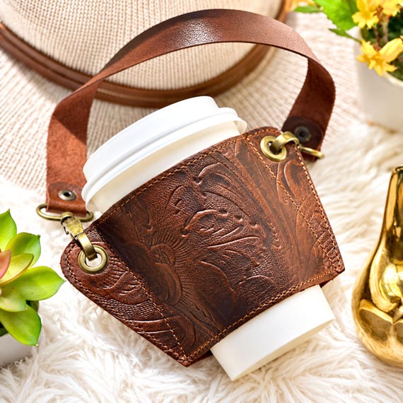 Hands Free Coffee Cup Carrier, Tooled Leather Drink Holder with Strap, Reusable Coffee Sleeve