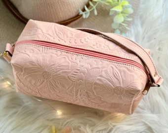 Leather Cosmetic Bag • Makeup bag• Floral Bag • Toiletry Storage • Leather Makeup Bag • Personalized gifts for her