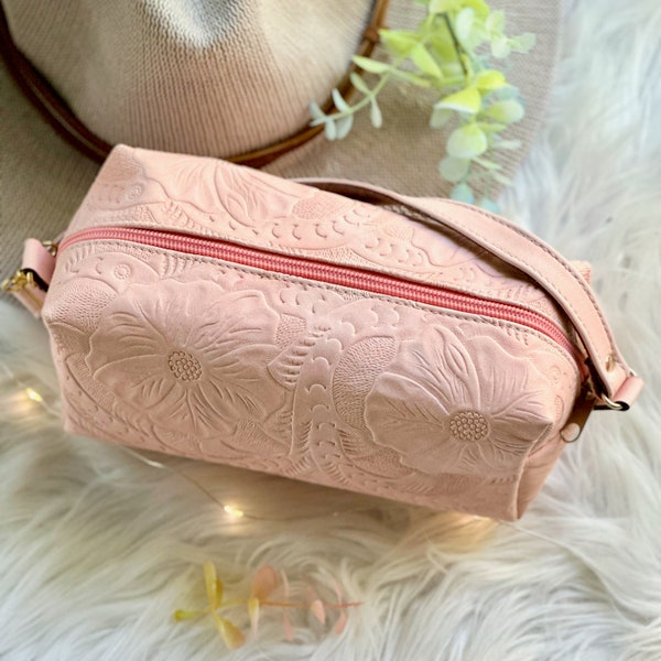 Leather Cosmetic Bag • Makeup bag• Floral Bag • Toiletry Storage • Leather Makeup Bag • Personalized gifts for her