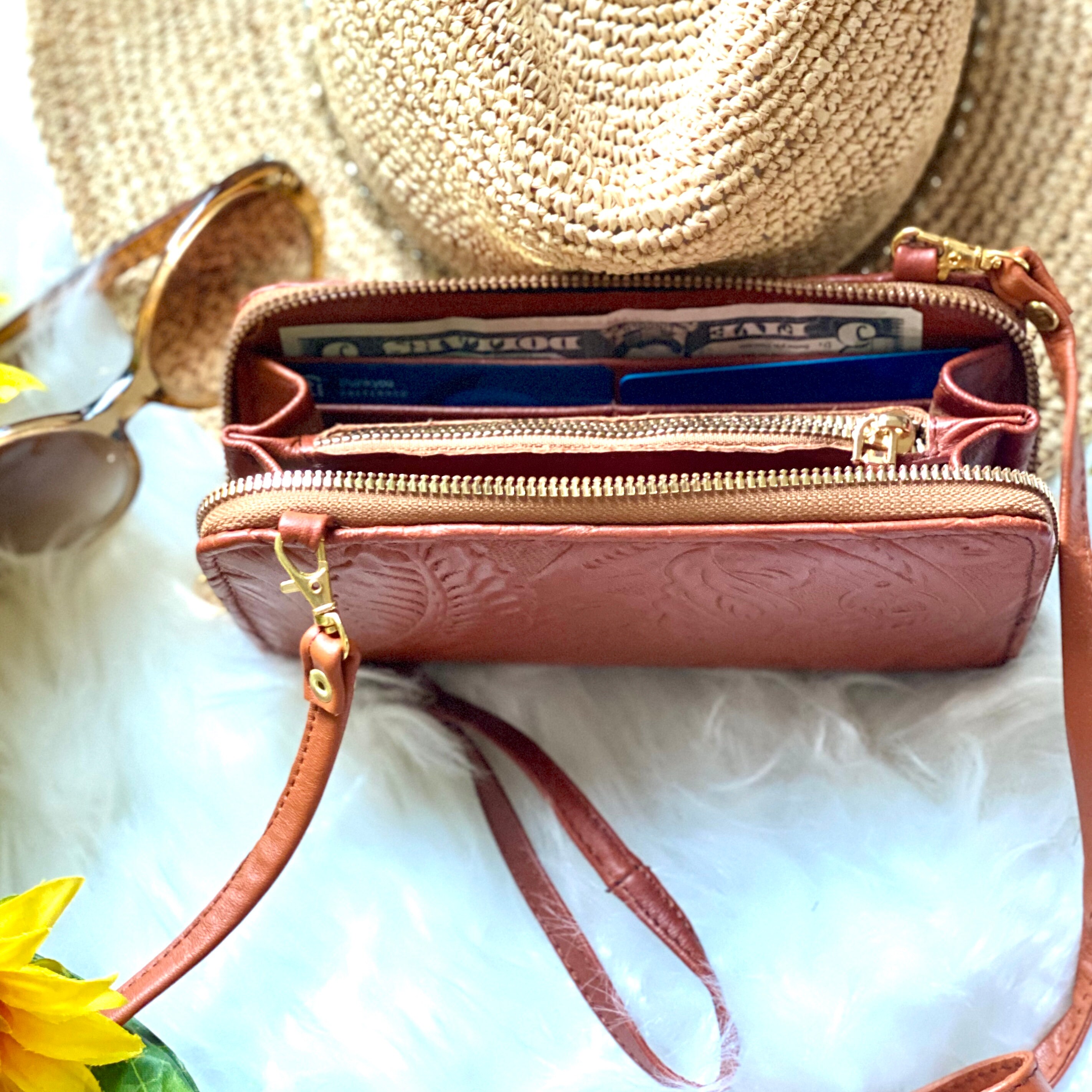 Handcrafted zip around wristlet wallet Floral crossbody bag Etsy