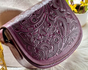 Handmade Leather Crossbody Bag • Embossed Saddle Purse • Boho Festival Shoulder Bag