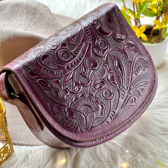 Handmade Leather Crossbody Bag • Embossed Saddle Purse • Boho Festival Shoulder Bag