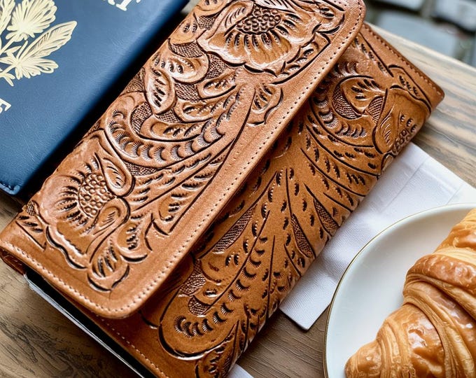 Family Passport Holder for 4 • Tooled Leather Travel Wallet • Boho Western Passport Cover • Personalized Gift for Her