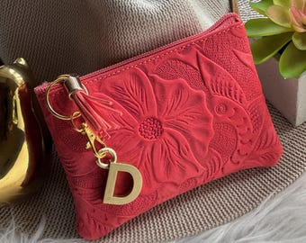 Handcrafted Leather Zipper Pouch: Small Floral Tooled Makeup Bag