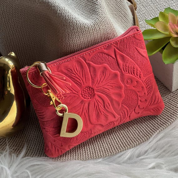 Handcrafted Leather Zipper Pouch: Small Floral Tooled Makeup Bag