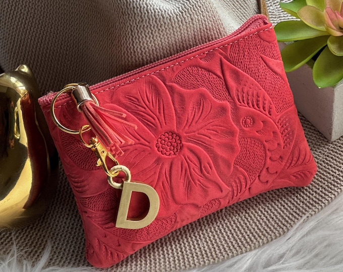 Handcrafted Leather Zipper Pouch: Small Floral Tooled Makeup Bag