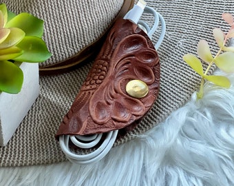 Tooled leather cord holder • leather cable organizer • headphone holder • gifts for her