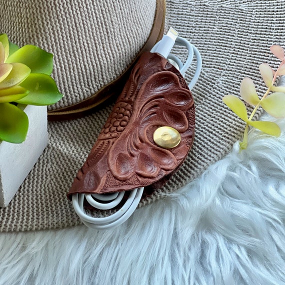 Handmade Embossed Leather Cable Organizer: Boho Cord Keeper