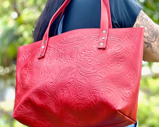 Handcrafted embossed leather tote bags for women  • Personalized gifts for her