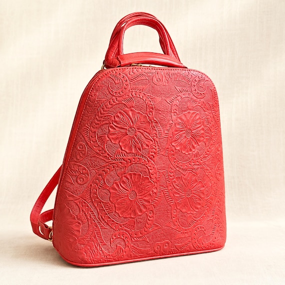 Leather Backpack Purse for Women, Floral Leather Bag, Embossed Leather Backpack, Boho Backpack Purse, Personalized Gift for Her