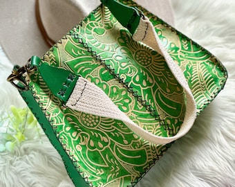 Green Leather Shoulder Bag for Women: Handmade Embossed Saddle Hobo Bag