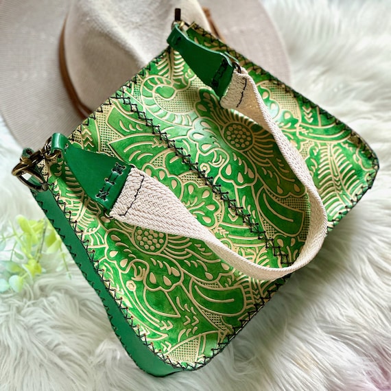 Green Leather Shoulder Bag for Women: Handmade Embossed Saddle Hobo Bag