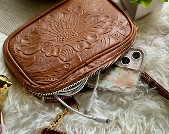 Personalized Leather Crossbody Bag • Small Embossed Handbag • Engraved Mini Purse for Women • Cute Phone Bag