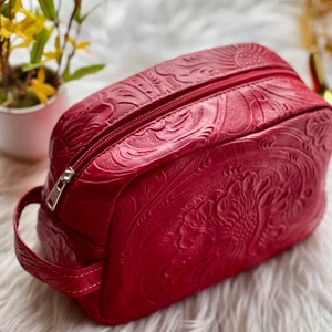 red Leather Toiletry bags for women • Makeup bag leather • Boho bag for women • travel bag • cosmetic bag woman • gifts for sister