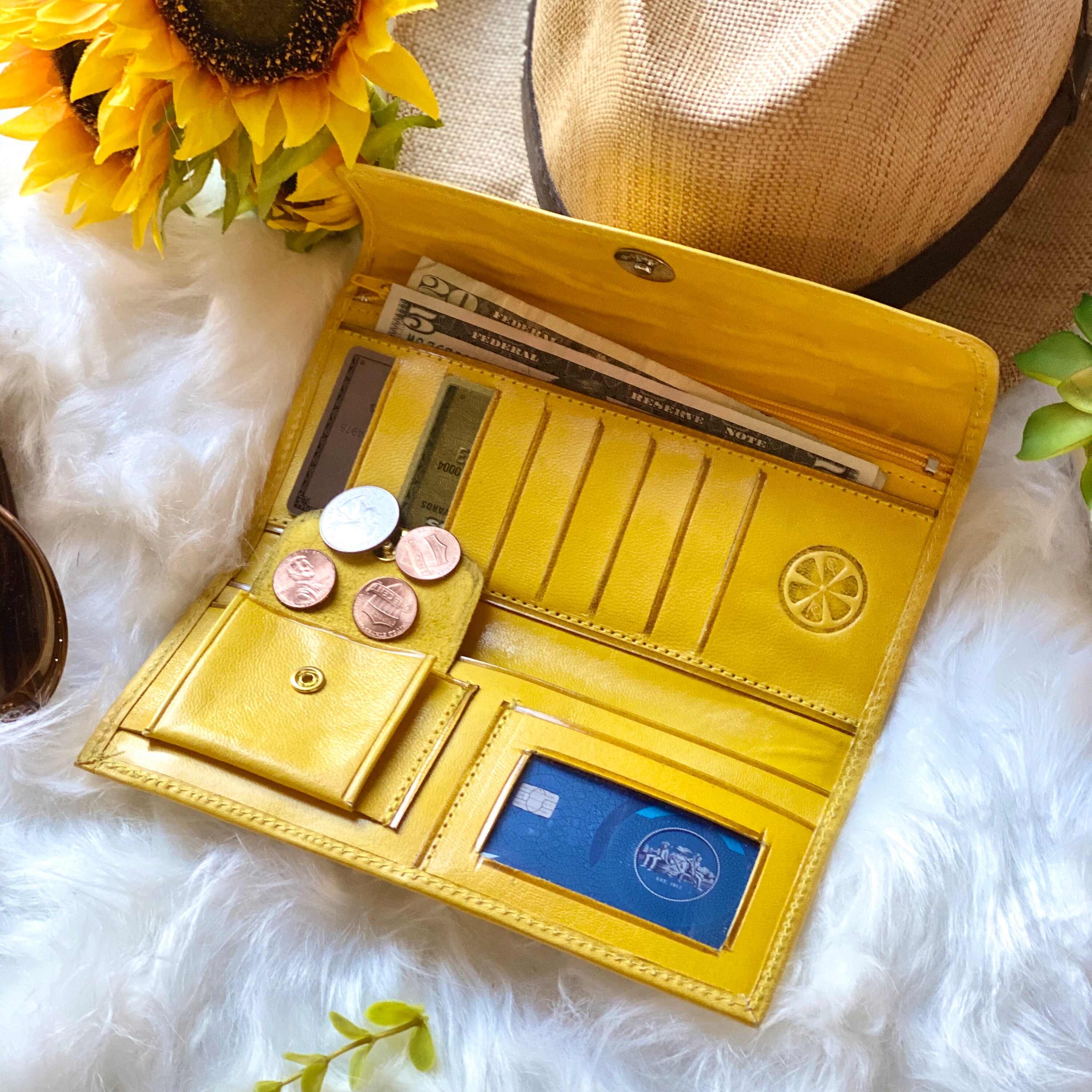 Sunflower sustainable leather wallets for women • bohemian wallet