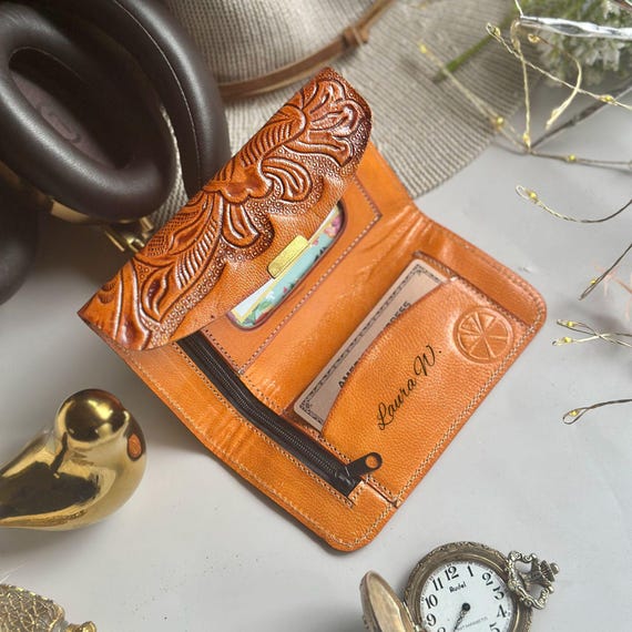 Handmade Embossed Floral Leather Wallet for Women: Slim Compact Minimalist Wallet