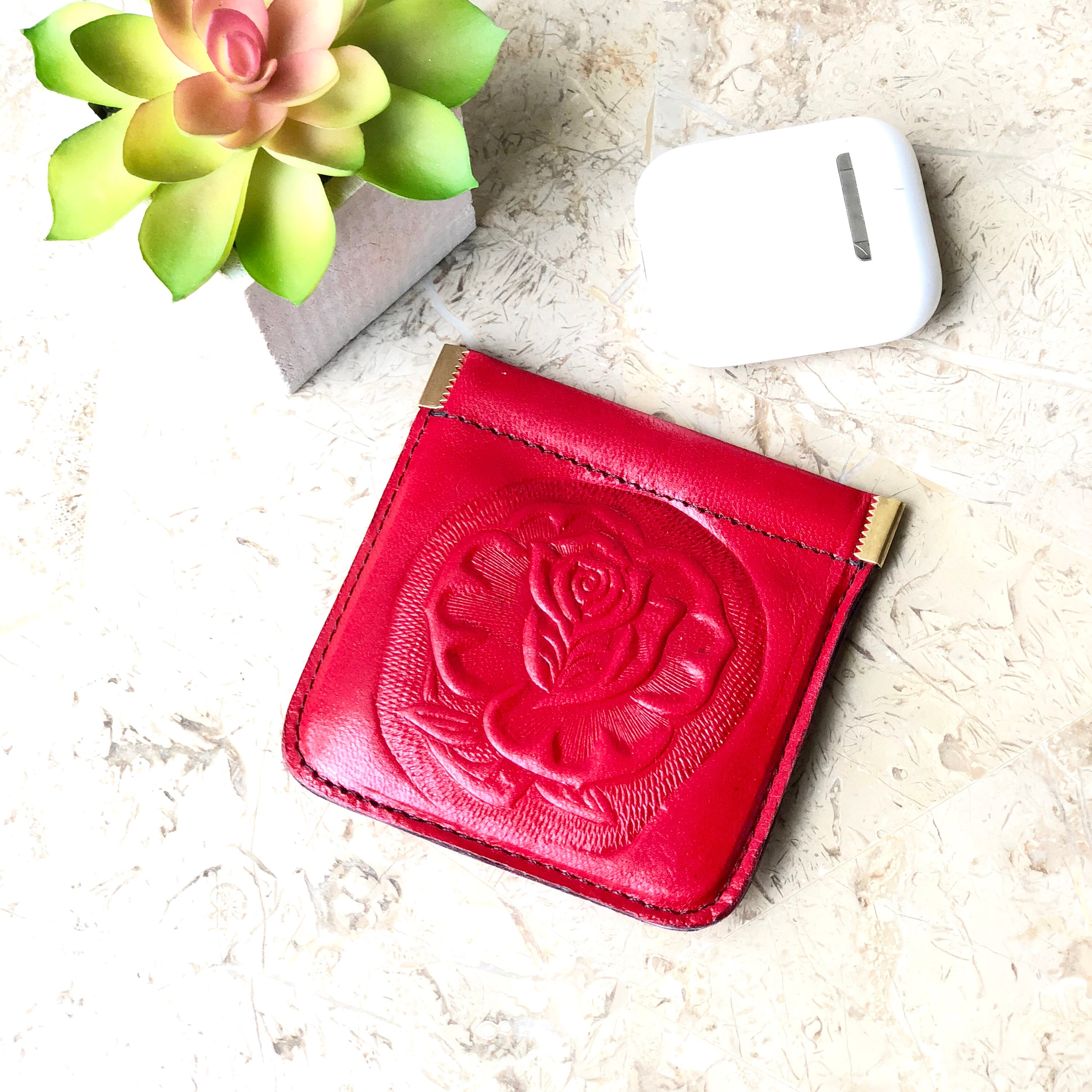 Leather Headphone Case, Tooled Leather coin purse, Tooled Leather