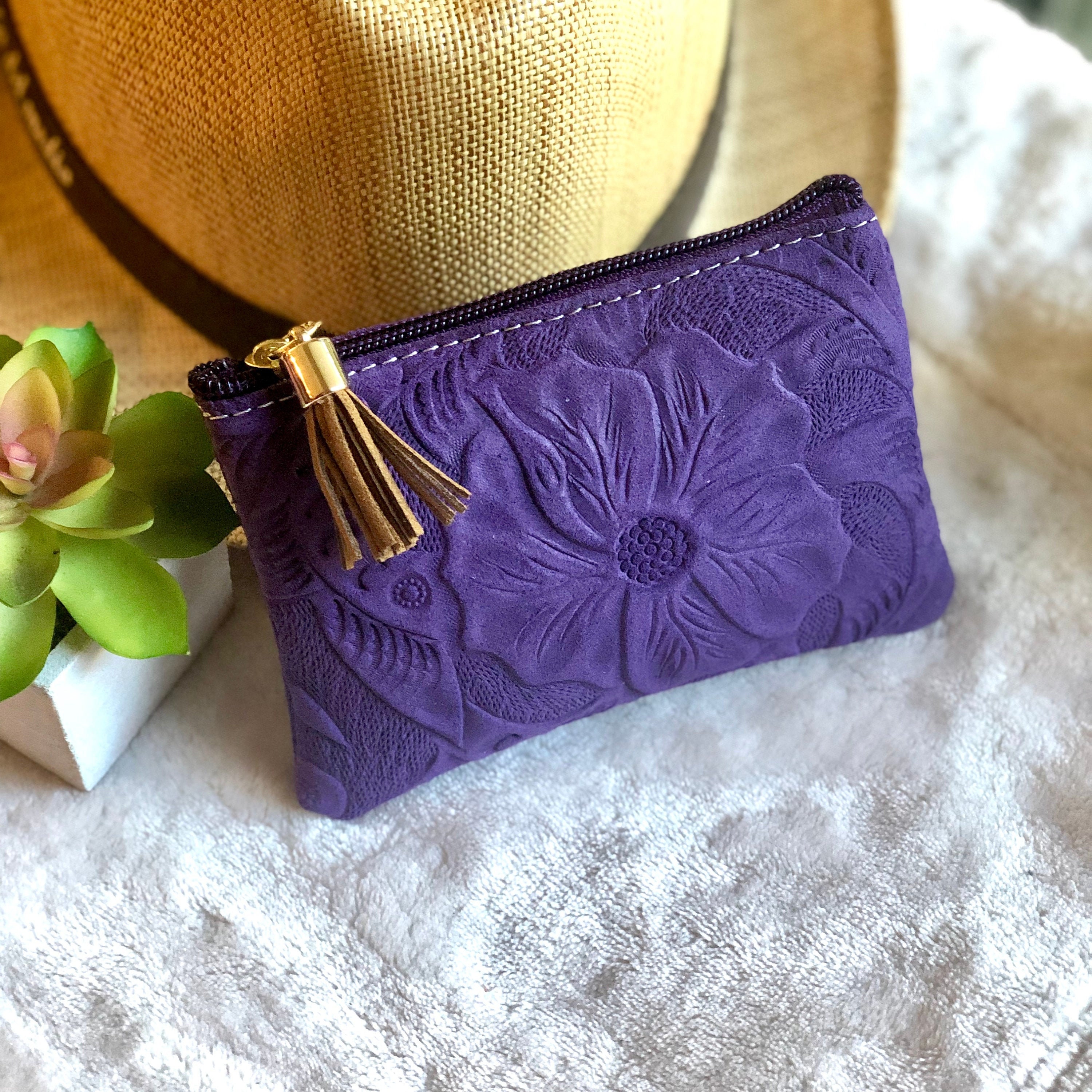 Zipper pouch - Leather small makeup bag for purse - Small leather bag 