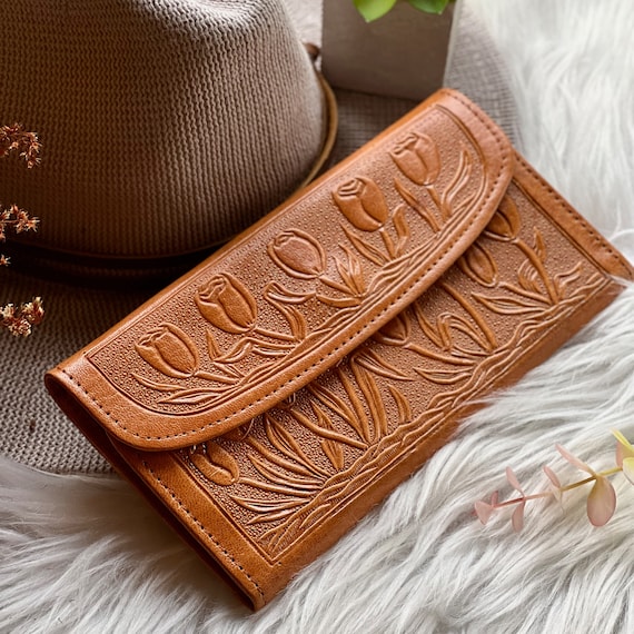 Handcrafted Embossed Leather Wallet for Women: Floral Long Wallet