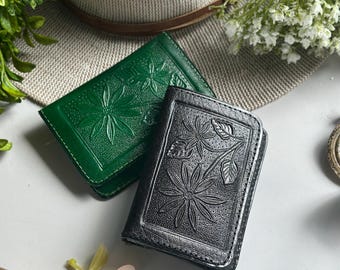 Handmade Leather Wallet • Small, Minimalist, Floral Embossed, Personalized