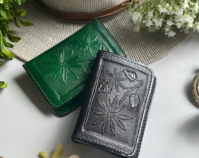 Handmade Leather Wallet • Small, Minimalist, Floral Embossed, Personalized