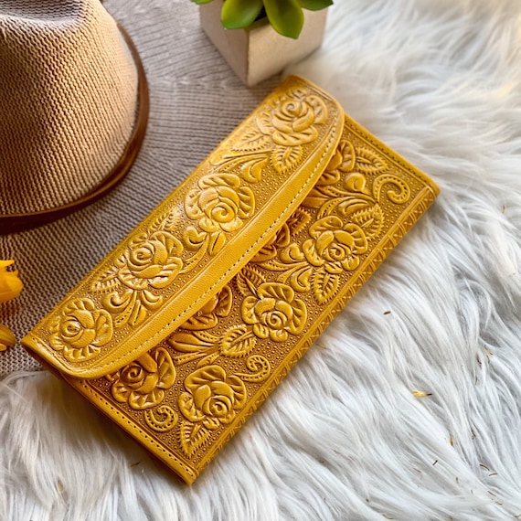 Handmade Embossed Floral Long Leather Wallet for Women – Personalized Engraving