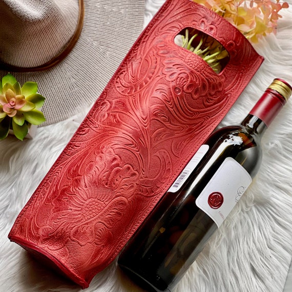 Handmade Leather Wine Tote Bag, Floral Embossed Wine Carrier, Personalized Gift for Women, Sustainable Leather, Travel Wine Holder