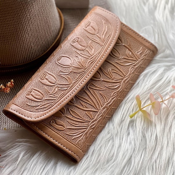 Tulip Embossed Leather Wallet: Handmade Sustainable Bifold, Custom Engraved